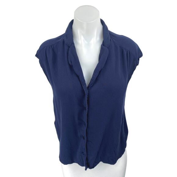 MNG Mango Women's Navy Blue Short Cap Sleeve V Neck Button Up Shirt Top Size 4 - Picture 1 of 4